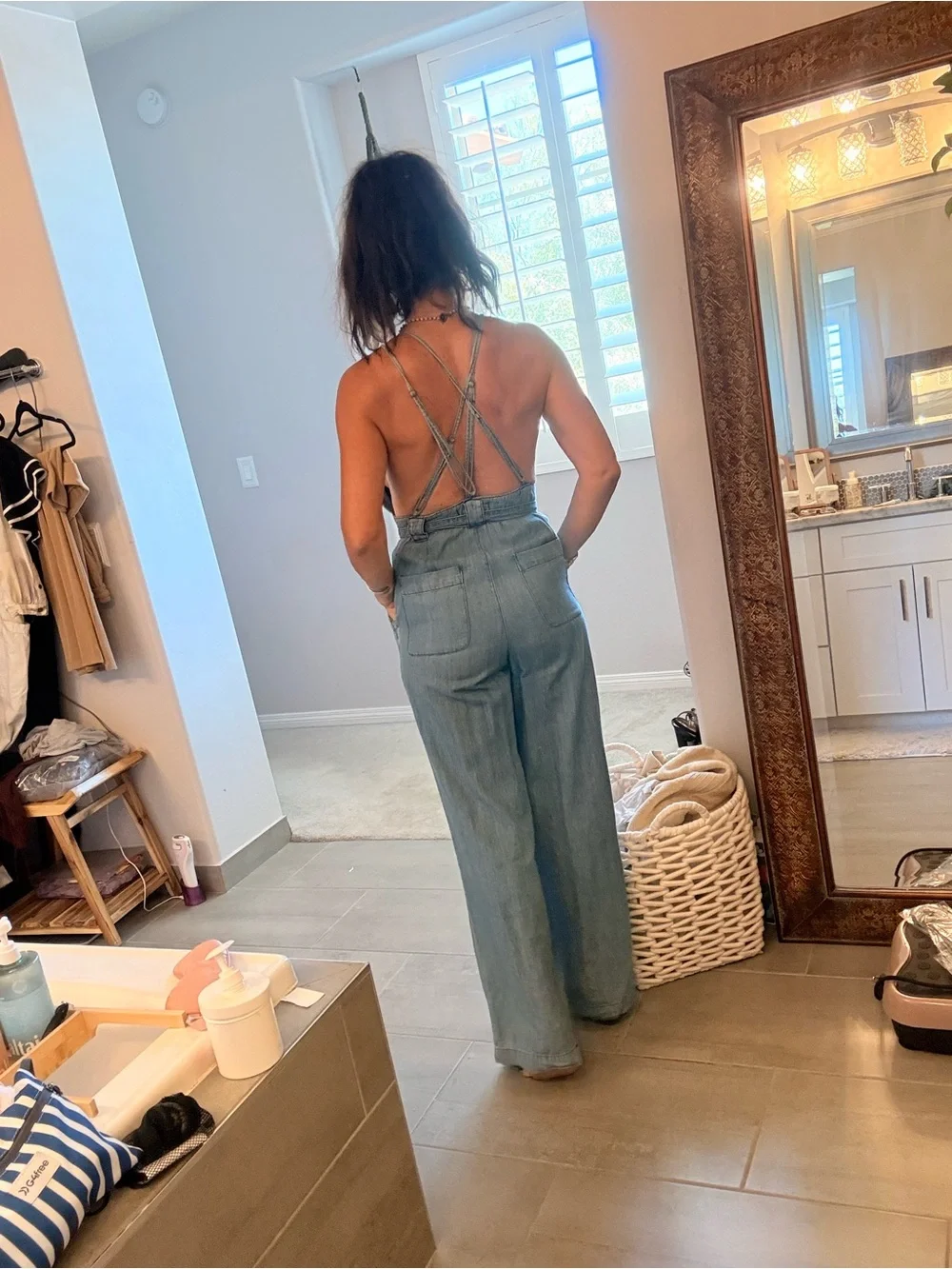 Free People Chambray Strapy Back Light Blue Denim Tie-Waist Jumpsuit
